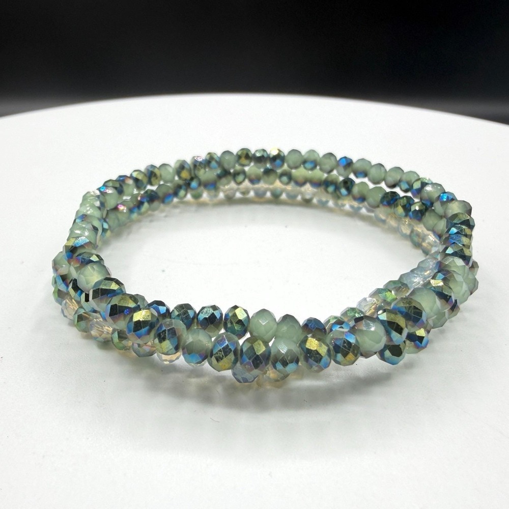 3 Pc Faceted Crystal Stretch Bracelet Set AB Blue Green Boho Stackable Gift Set